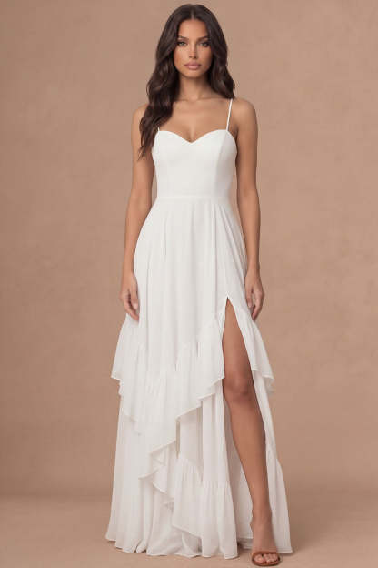 Leely Women Ruffled Ivory A Line Long Bridal Shower Dress with Slit Spaghetti Straps Sleeveless Backless Engagement Dress