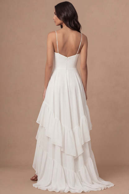 Ruffled Ivory A Line Long Bridal Shower Dress with Slit