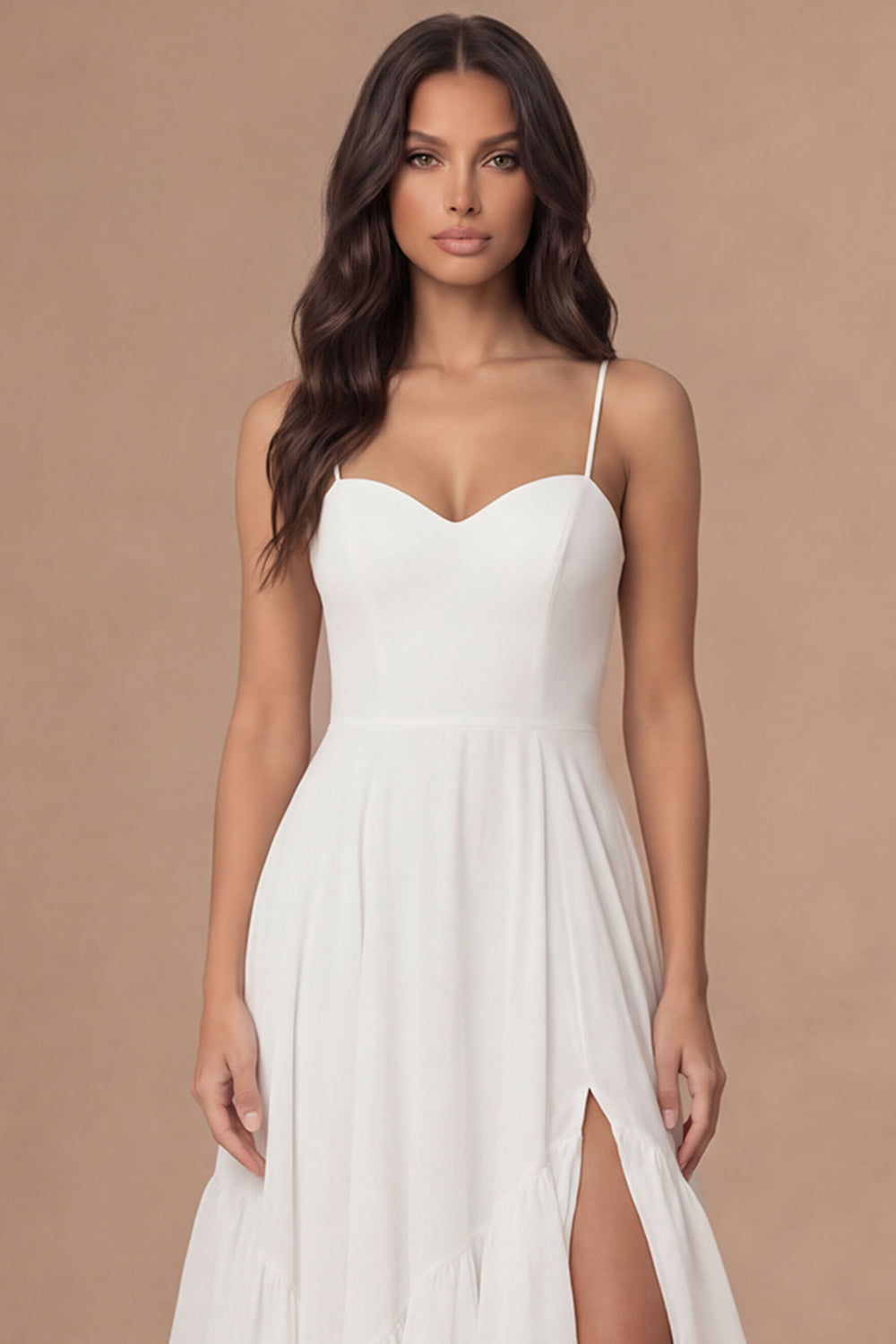 Ruffled Ivory A Line Long Bridal Shower Dress with Slit
