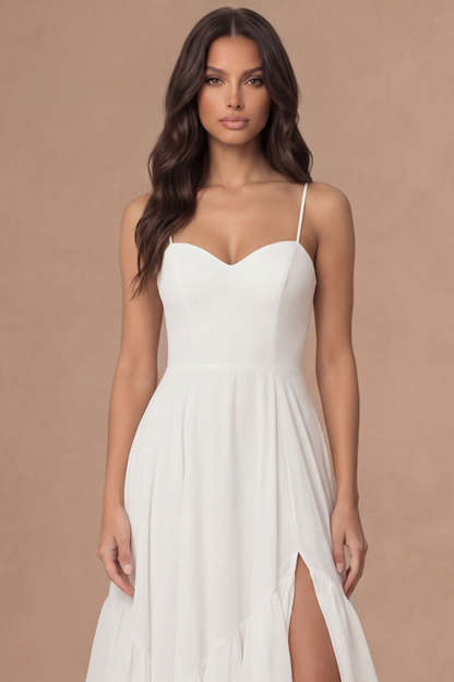 Ruffled Ivory A Line Long Bridal Shower Dress with Slit