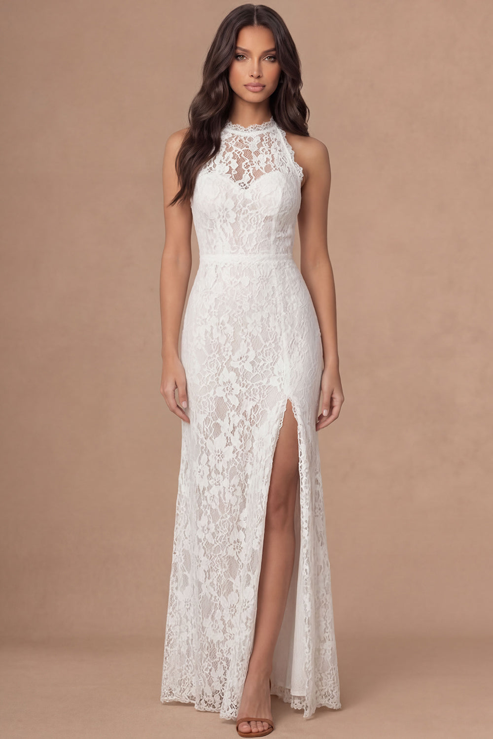 Leely Women Floral Sheath Ivory Long Bridal Shower Dress with Slit Halter Neck Sleeveless Appliqued Engagement Dress