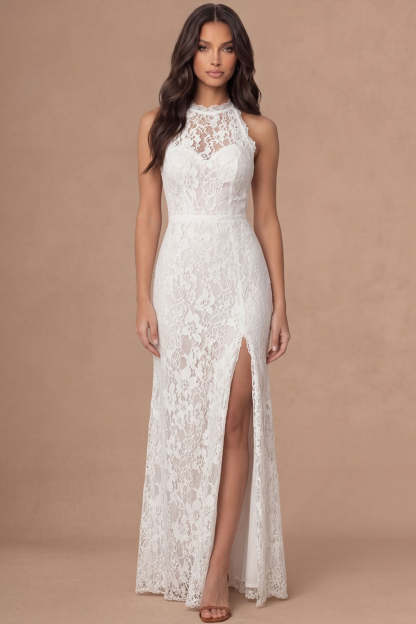 Leely Women Floral Sheath Ivory Long Bridal Shower Dress with Slit Halter Neck Sleeveless Appliqued Engagement Dress