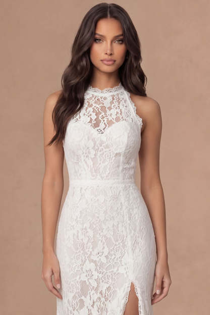 Floral Sheath Ivory Halter Neck Long Bridal Shower Dress with Slit
