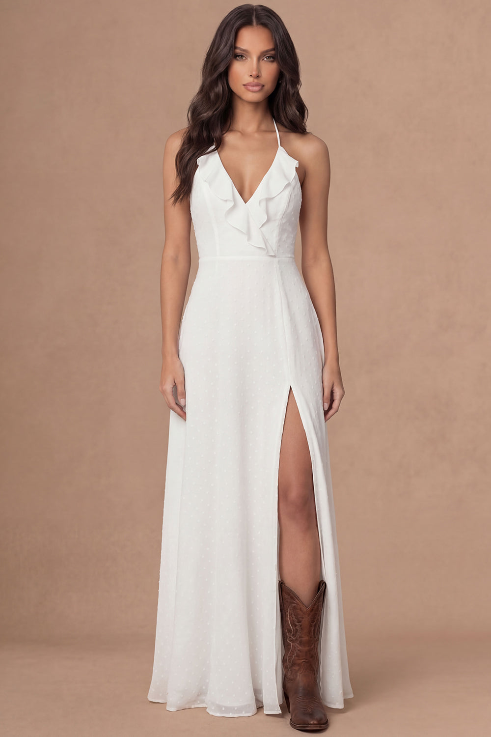 Sheath Ivory Halter Neck Long Bridal Shower Dress with Slit
