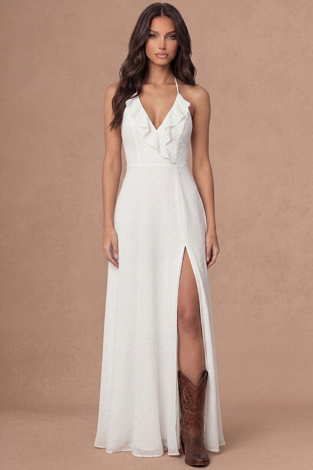 Leely Women Sheath Ivory Halter Neck Long Bridal Shower Dress with Slit Ruffled Sleeveless Backless Engagement Dress
