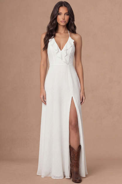 Leely Women Sheath Ivory Halter Neck Long Bridal Shower Dress with Slit Ruffled Sleeveless Backless Engagement Dress