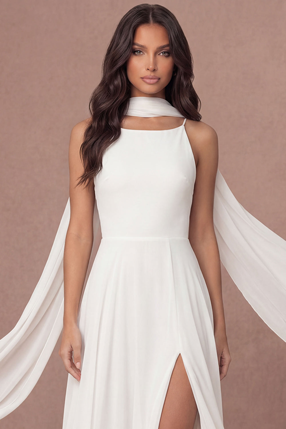 Leely Women Ivory A Line Long Bridal Shower Dress with Slit Spaghetti Straps Sleeveless Backless Engagement Dress with Neck Scarf Leely Women Ivory A Line Long Bridal Shower Dress with Slit Spaghetti Straps Sleeveless Backless Engagement Dress with Neck Scarf