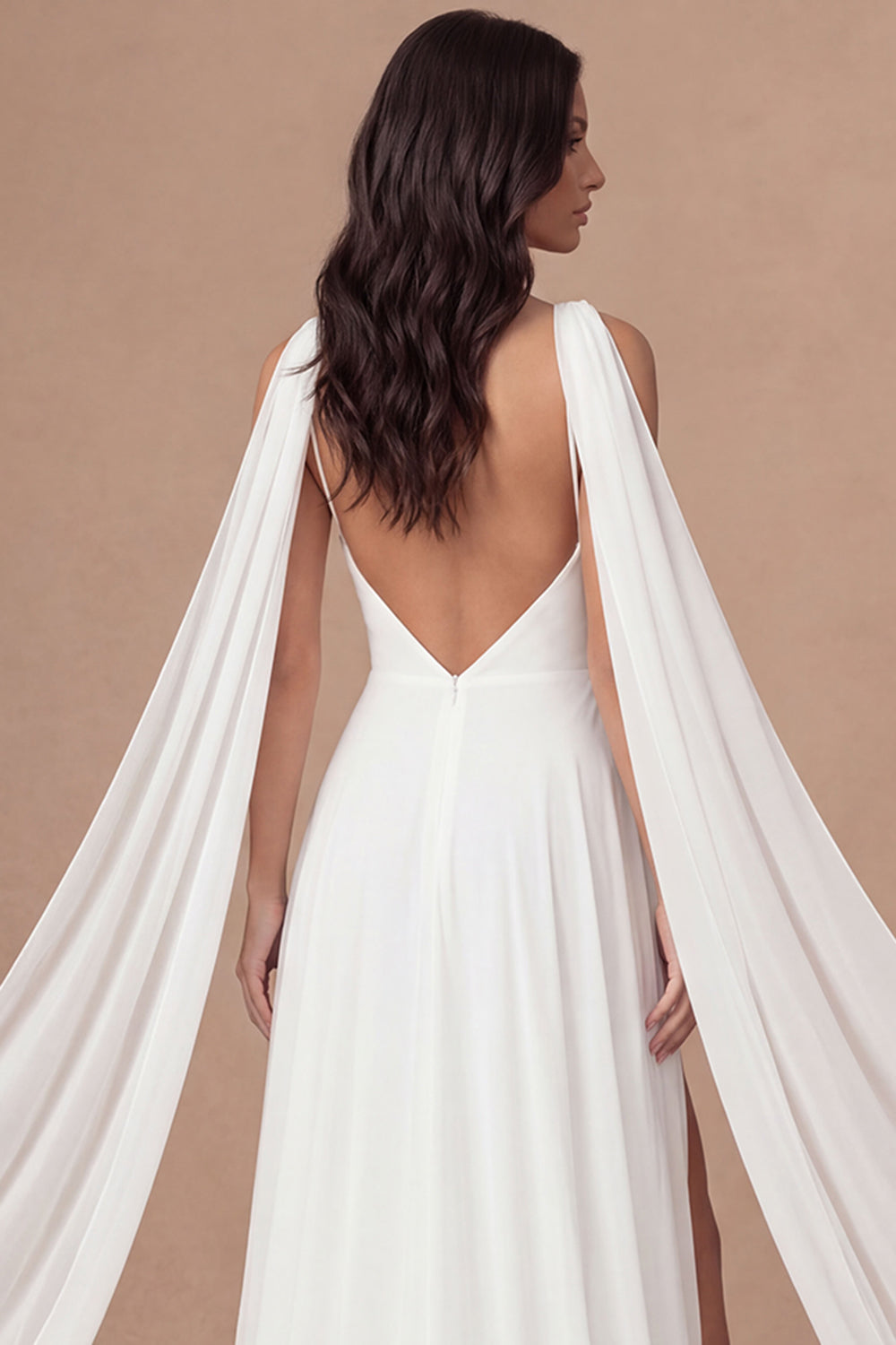 backless engagement dress Leely Women Ivory A Line Long Bridal Shower Dress with Slit Spaghetti Straps Sleeveless Backless Engagement Dress with Neck Scarf