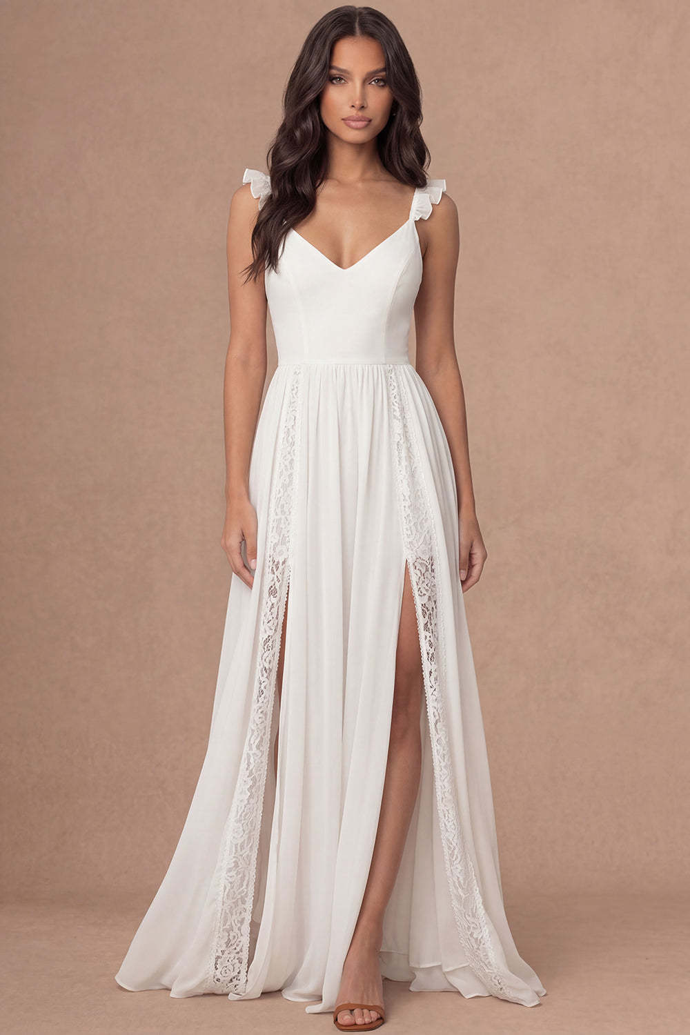 Leely Women Spaghetti Straps Ivory Long Bridal Shower Dress with Slit A Line Ruffled Sleeveless Backless Engagement Dress