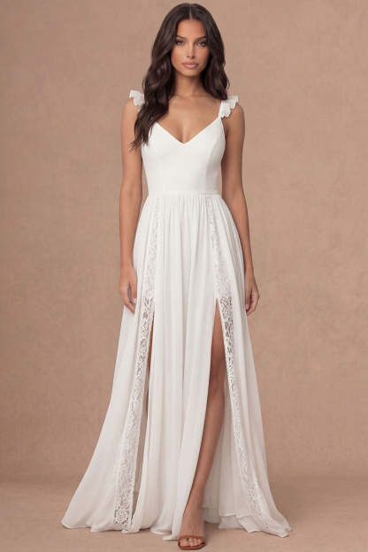 Leely Women Spaghetti Straps Ivory Long Bridal Shower Dress with Slit A Line Ruffled Sleeveless Backless Engagement Dress