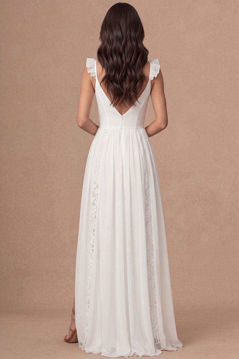 Spaghetti Straps Ivory A Line Ruffled Long Bridal Shower Dress with Slit