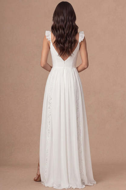 Spaghetti Straps Ivory A Line Ruffled Long Bridal Shower Dress with Slit