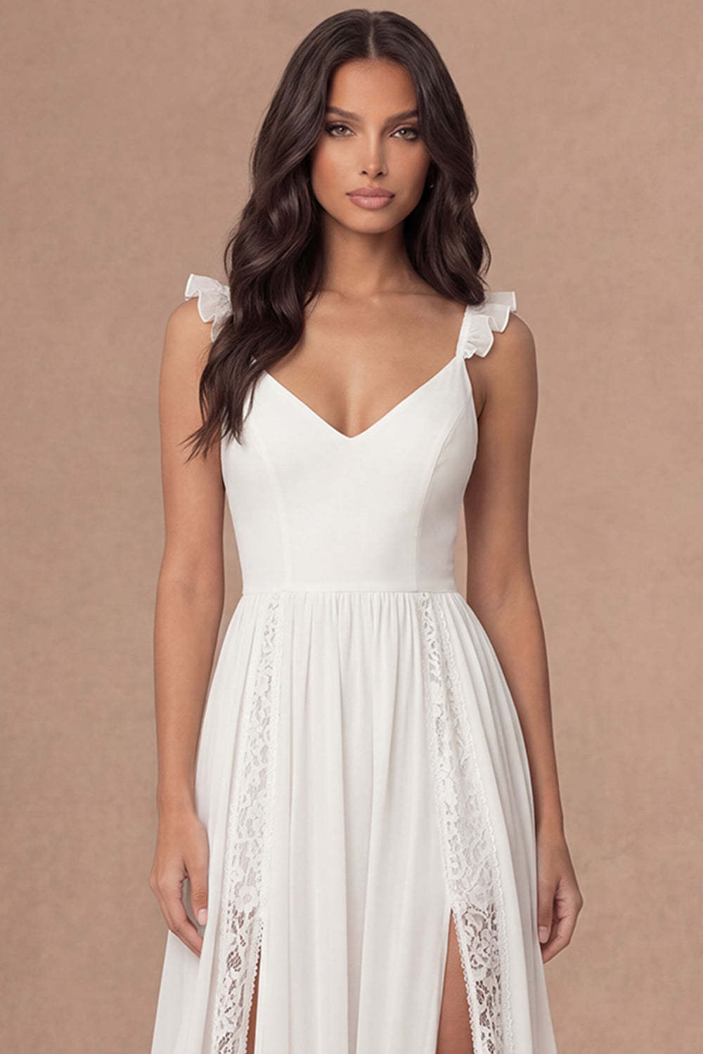 Spaghetti Straps Ivory A Line Ruffled Long Bridal Shower Dress with Slit