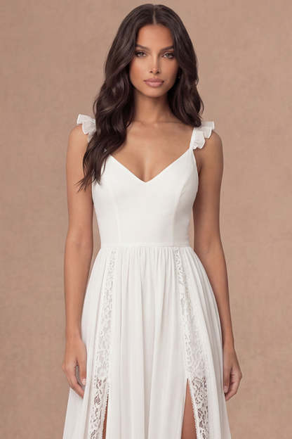 Spaghetti Straps Ivory A Line Ruffled Long Bridal Shower Dress with Slit