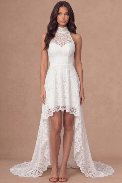 Leely Women Ivory Halter Neck Embroidered High Low Bridal Shower Dress Backless Sleeveless Engagement Dress