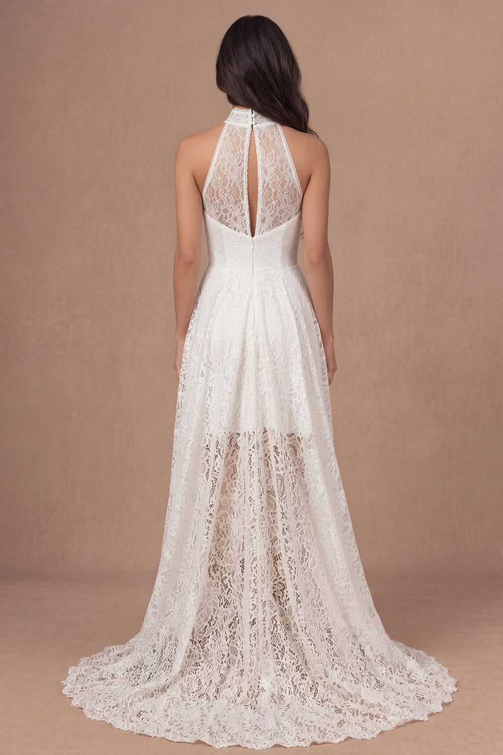 Ivory Halter Neck Embroidered High Low Bridal Shower Dress