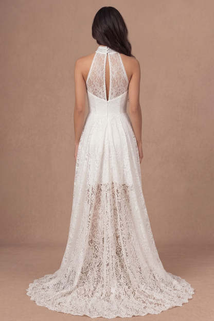 Ivory Halter Neck Embroidered High Low Bridal Shower Dress