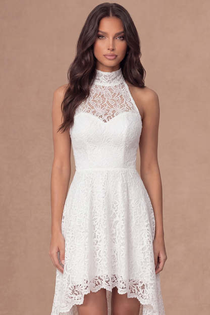 Ivory Halter Neck Embroidered High Low Bridal Shower Dress