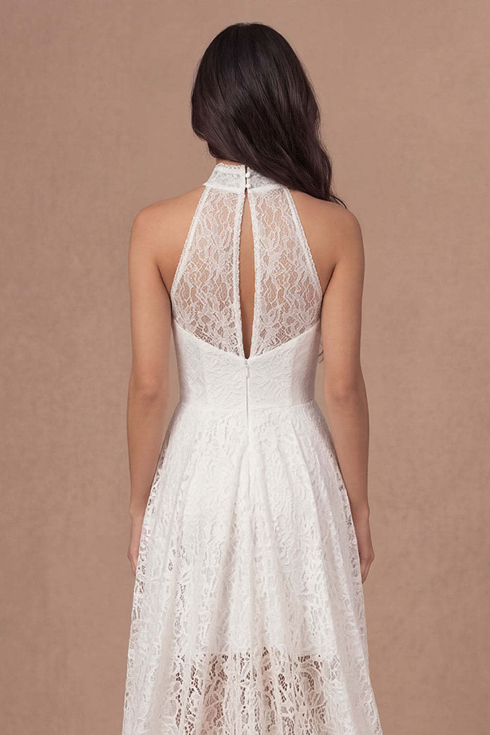 Ivory Halter Neck Embroidered High Low Bridal Shower Dress