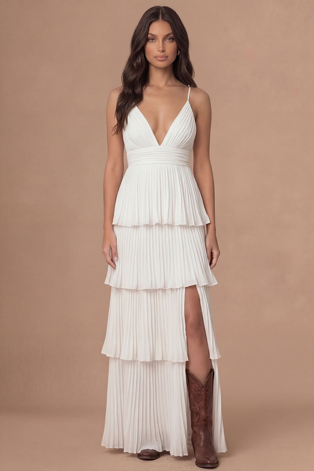 Leely Women Ivory Spaghetti Straps Long Bridal Shower Dress with Slit Tiered Pleated Sleeveless Engagement Dress