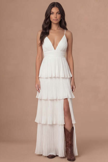 Leely Women Ivory Spaghetti Straps Long Bridal Shower Dress with Slit Tiered Pleated Sleeveless Engagement Dress