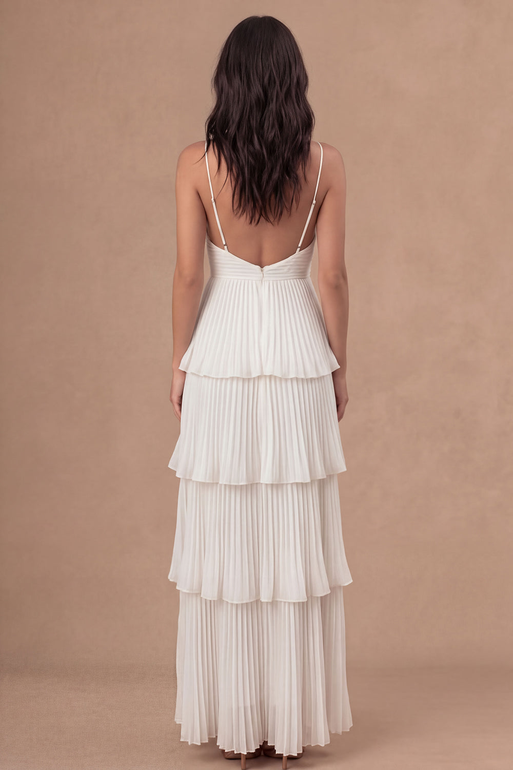 Ivory Spaghetti Straps Tiered Pleated Long Bridal Shower Dress with Slit