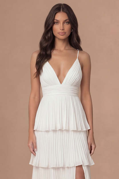 Ivory Spaghetti Straps Tiered Pleated Long Bridal Shower Dress with Slit