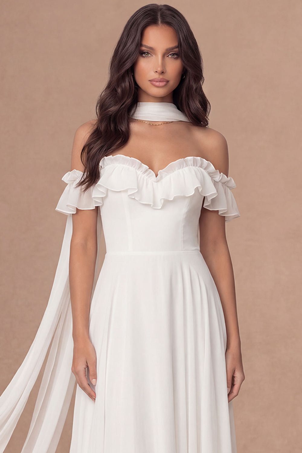 A Line Ivory Off the Shoulder Ruffled High Low Engagement Dress
