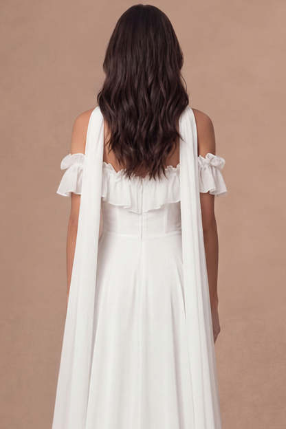 A Line Ivory Off the Shoulder Ruffled High Low Engagement Dress