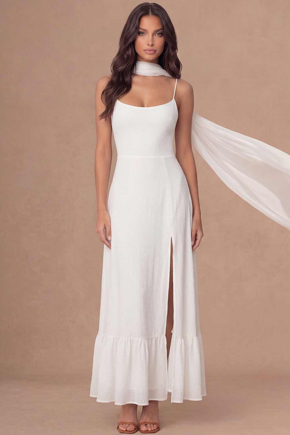 Leely Women Sheath Ivory Long Bridal Shower Dress with Slit Spaghetti Straps Sleeveless Backless Engagement Dress