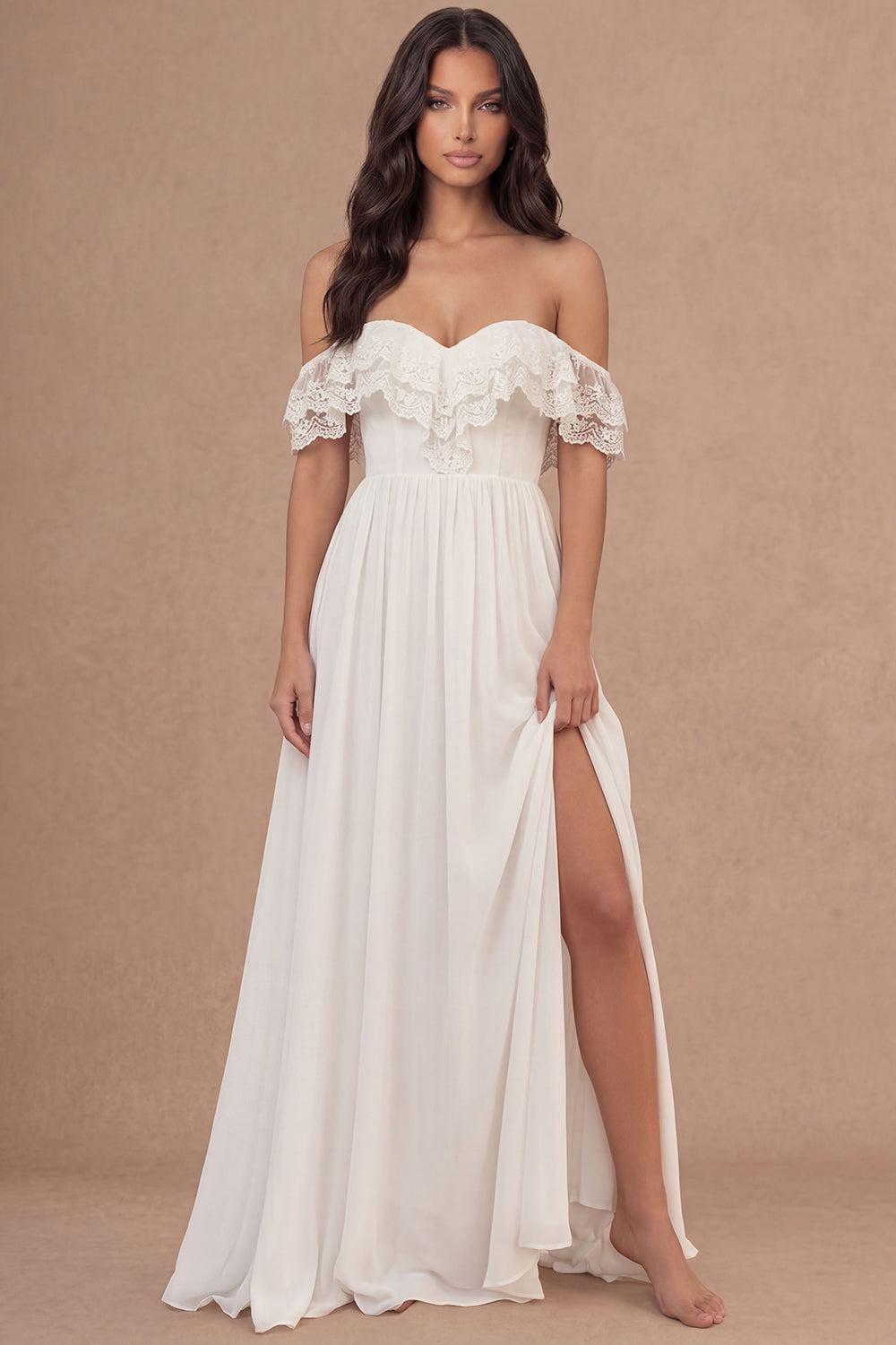 Leely Women A Line Ivory Long Bridal Shower Dress with Slit Off the Shoulder Embroidered Backless Engagement Dress