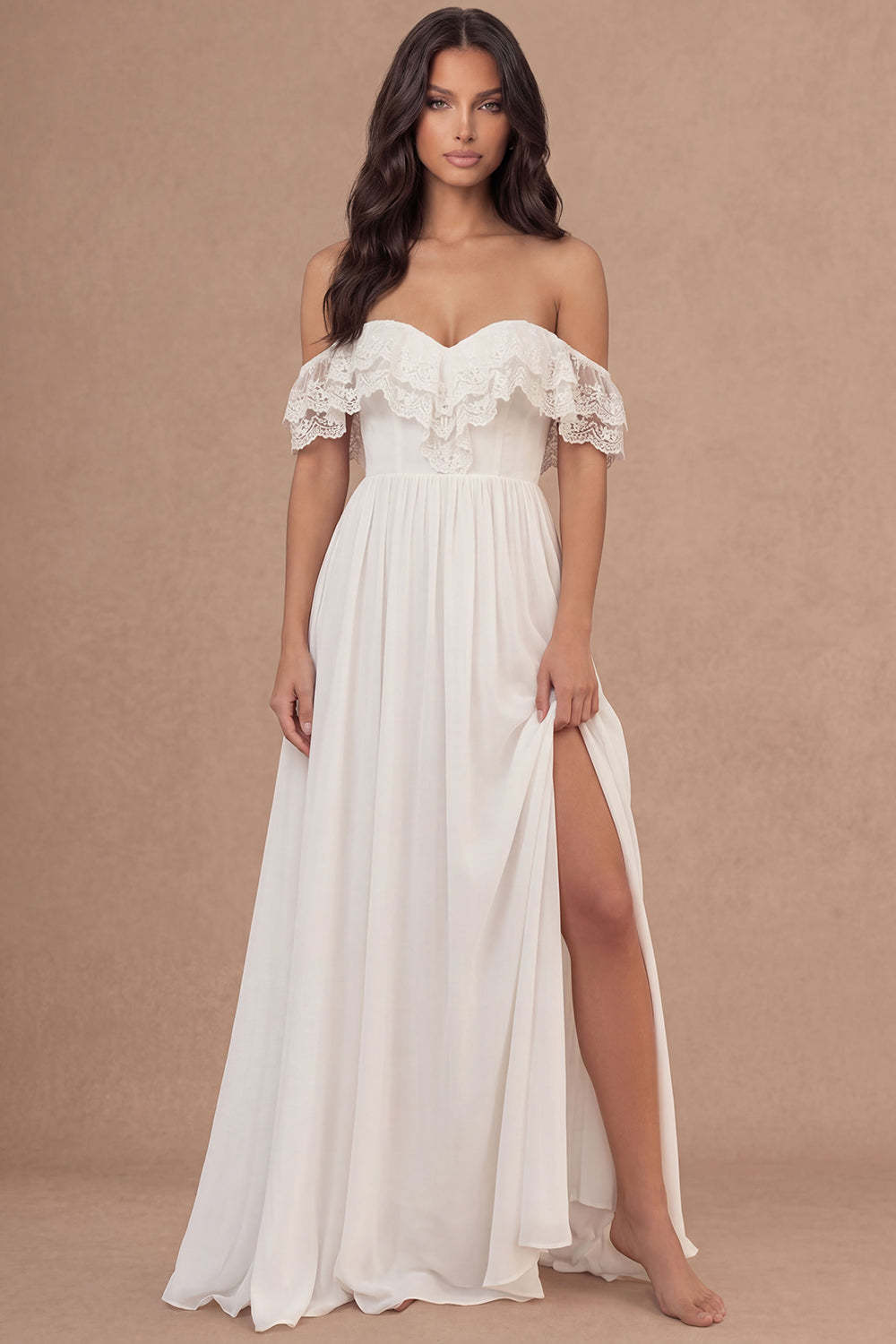 Leely Women A Line Ivory Long Bridal Shower Dress with Slit Off the Shoulder Embroidered Backless Engagement Dress