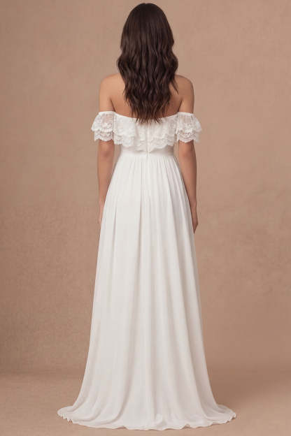 A Line Ivory Off the Shoulder Embroidered Long Bridal Shower Dress with Slit