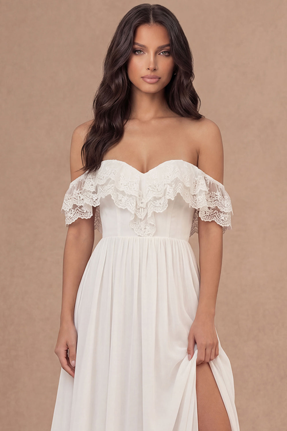 A Line Ivory Off the Shoulder Embroidered Long Bridal Shower Dress with Slit