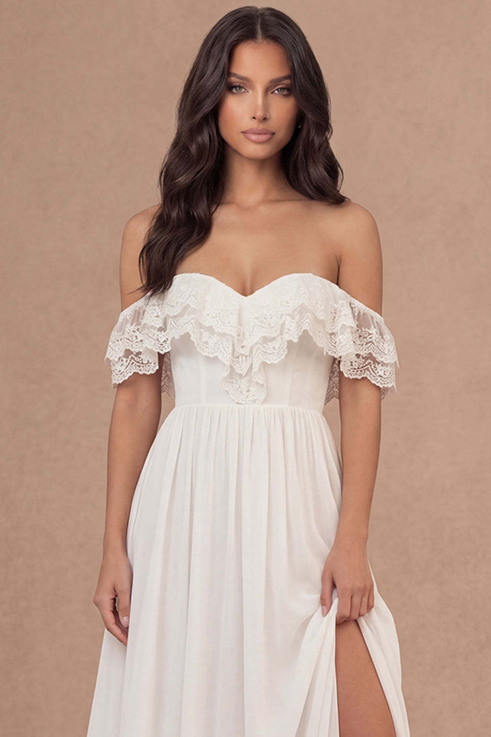 A Line Ivory Off the Shoulder Embroidered Long Bridal Shower Dress with Slit