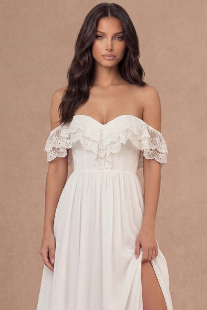 A Line Ivory Off the Shoulder Embroidered Long Bridal Shower Dress with Slit