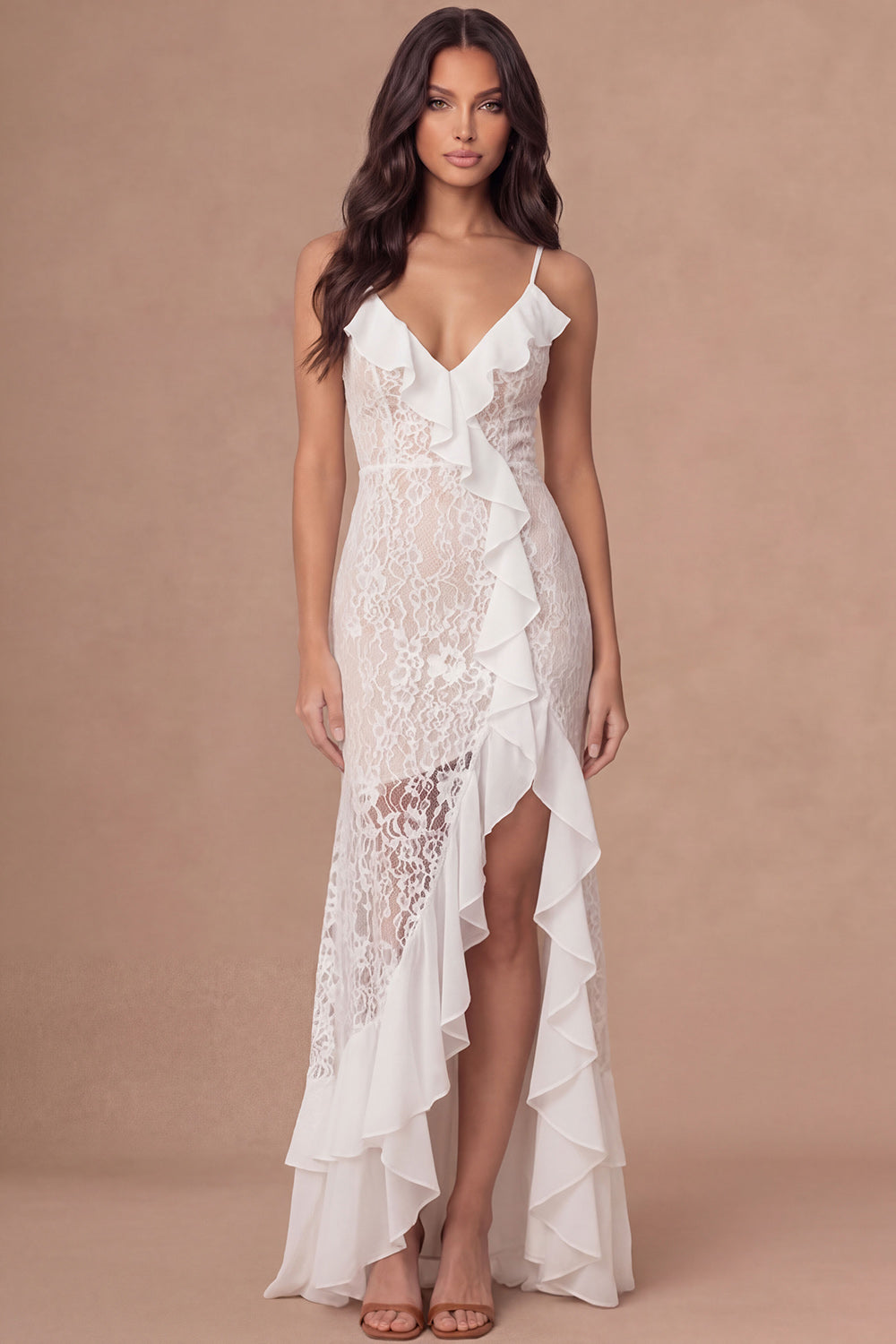 Leely Women Sheath Ivory Appliqued Long Bridal Shower Dress with Slit Ruffled Spaghetti Straps Backless Sleeveless Engagement Dress