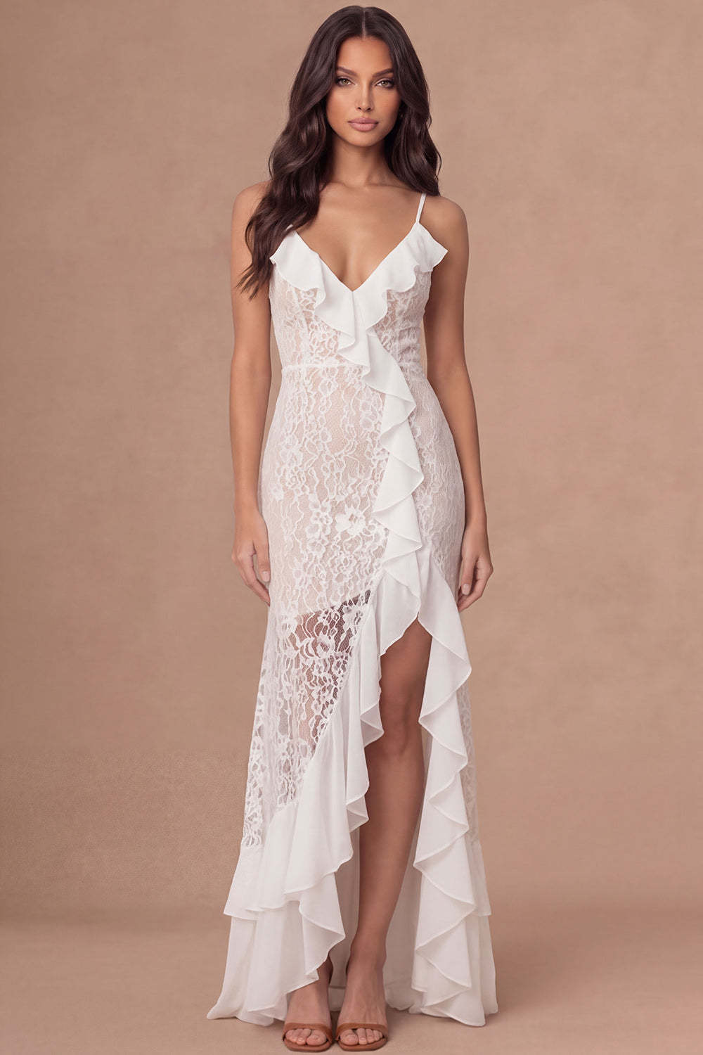 Leely Women Sheath Ivory Appliqued Long Bridal Shower Dress with Slit Ruffled Spaghetti Straps Backless Sleeveless Engagement Dress