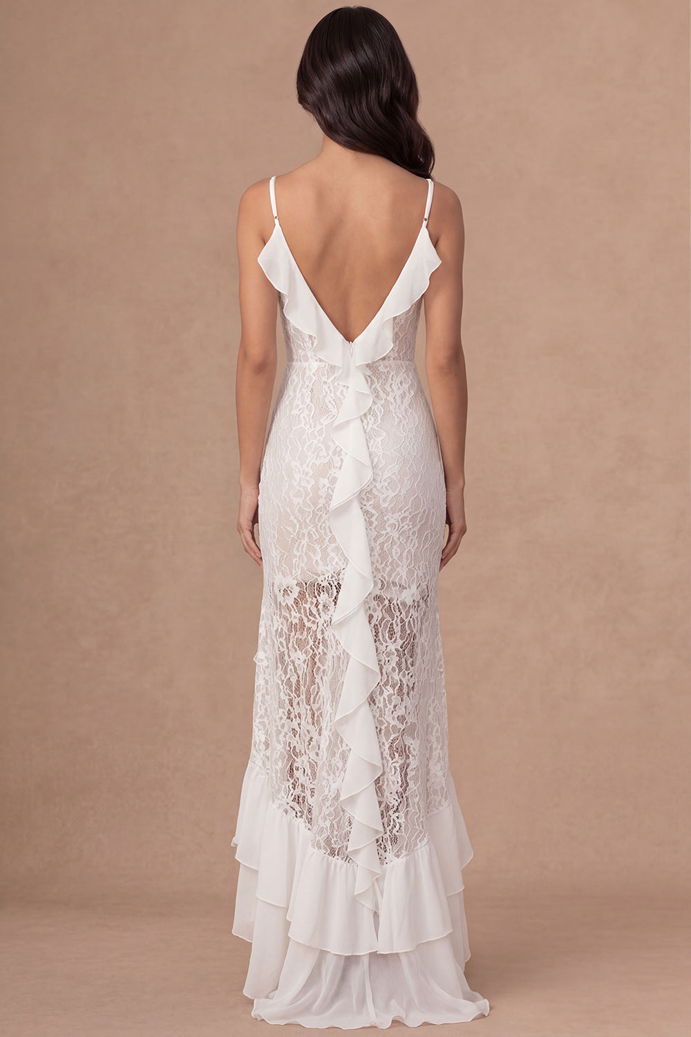 Sheath Ivory Ruffled Spaghetti Straps Appliqued Long Bridal Shower Dress with Slit