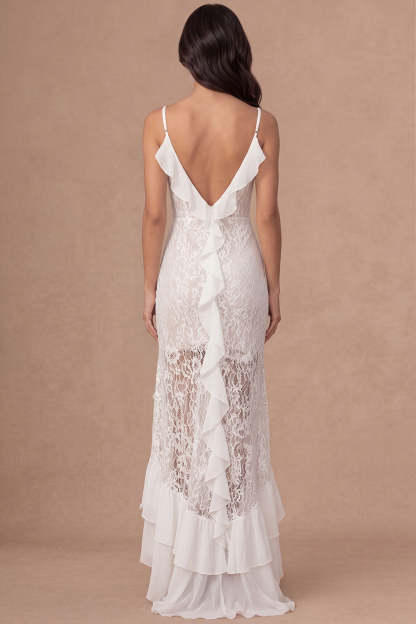 Sheath Ivory Ruffled Spaghetti Straps Appliqued Long Bridal Shower Dress with Slit