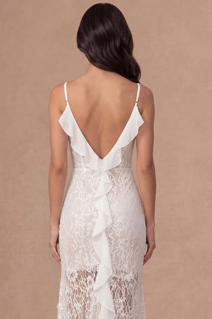 Sheath Ivory Ruffled Spaghetti Straps Appliqued Long Bridal Shower Dress with Slit