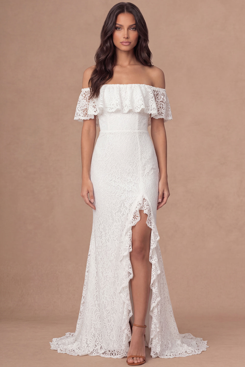 Leely Women A Line Ivory Off the Shoulder Long Engagement Dress with Slit Embroidered Ruffled Bridal Shower Dress
