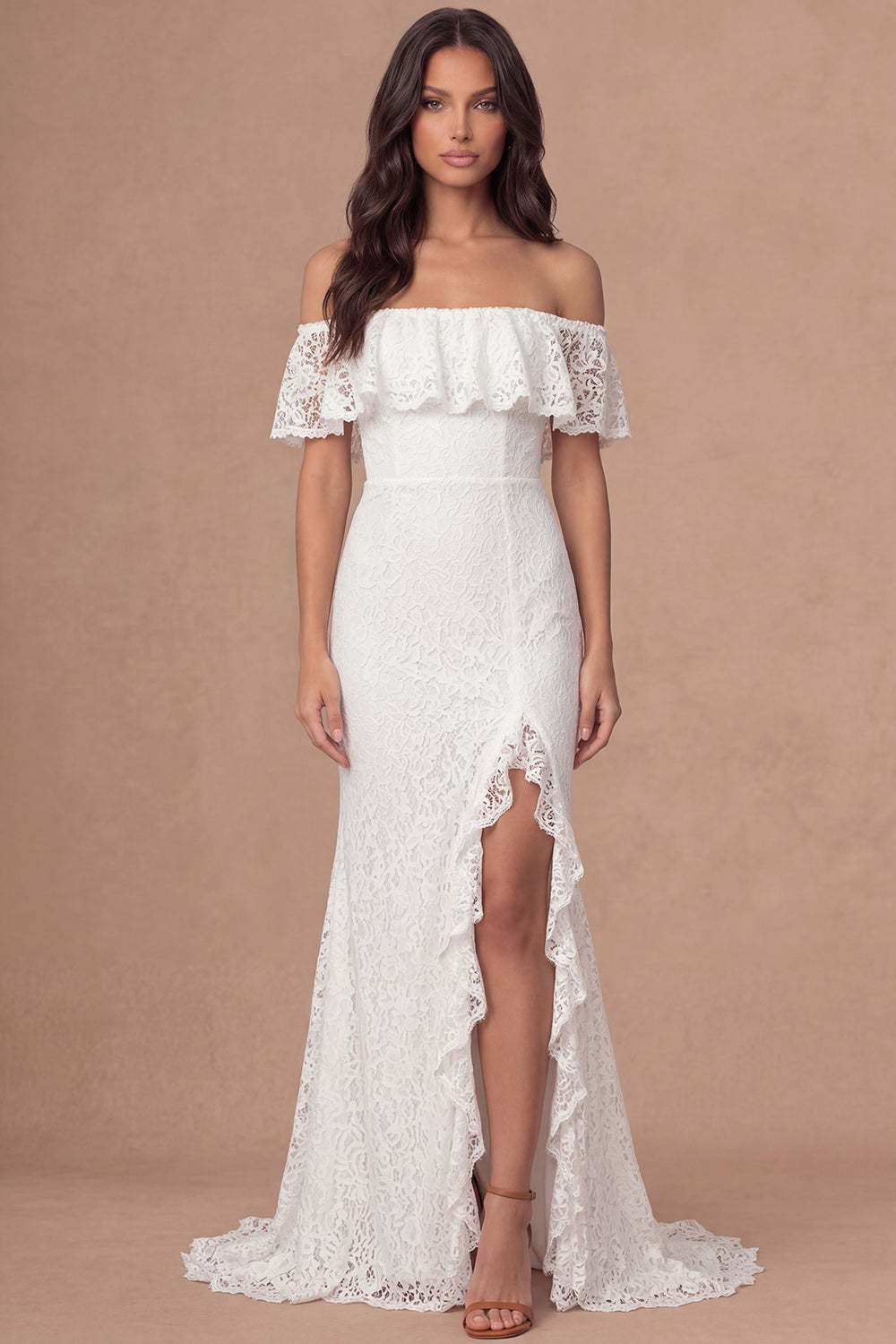 Leely Women A Line Ivory Off the Shoulder Long Engagement Dress with Slit Embroidered Ruffled Bridal Shower Dress