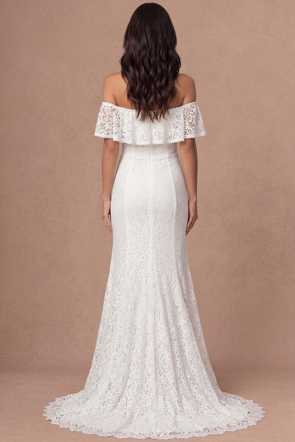 A Line Ivory Off the Shoulder Embroidered Ruffled Long Engagement Dress with Slit