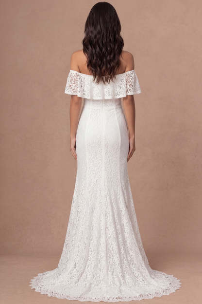 A Line Ivory Off the Shoulder Embroidered Ruffled Long Engagement Dress with Slit