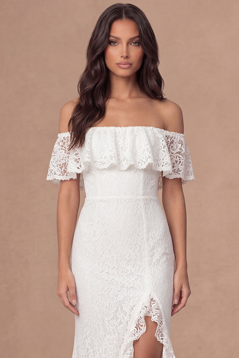 A Line Ivory Off the Shoulder Embroidered Ruffled Long Engagement Dress with Slit