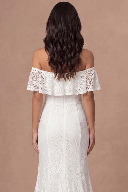 A Line Ivory Off the Shoulder Embroidered Ruffled Long Engagement Dress with Slit