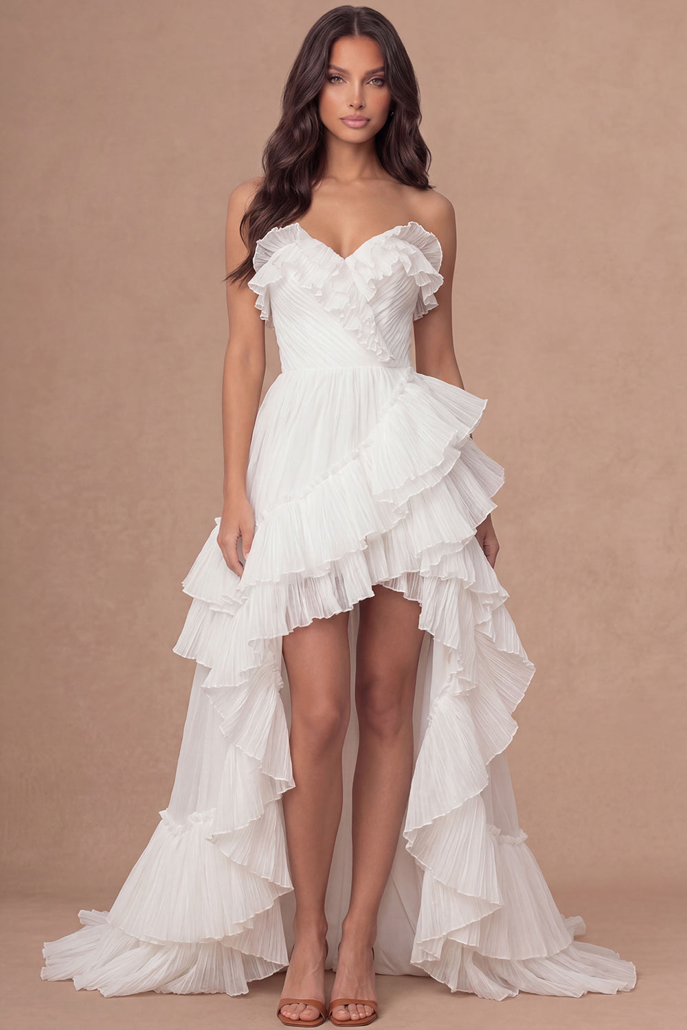 Leely Women High Low Ruffled Ivory Engagement Dress with Slit Sweetheart A Line Tiered Bridal Shower Dress