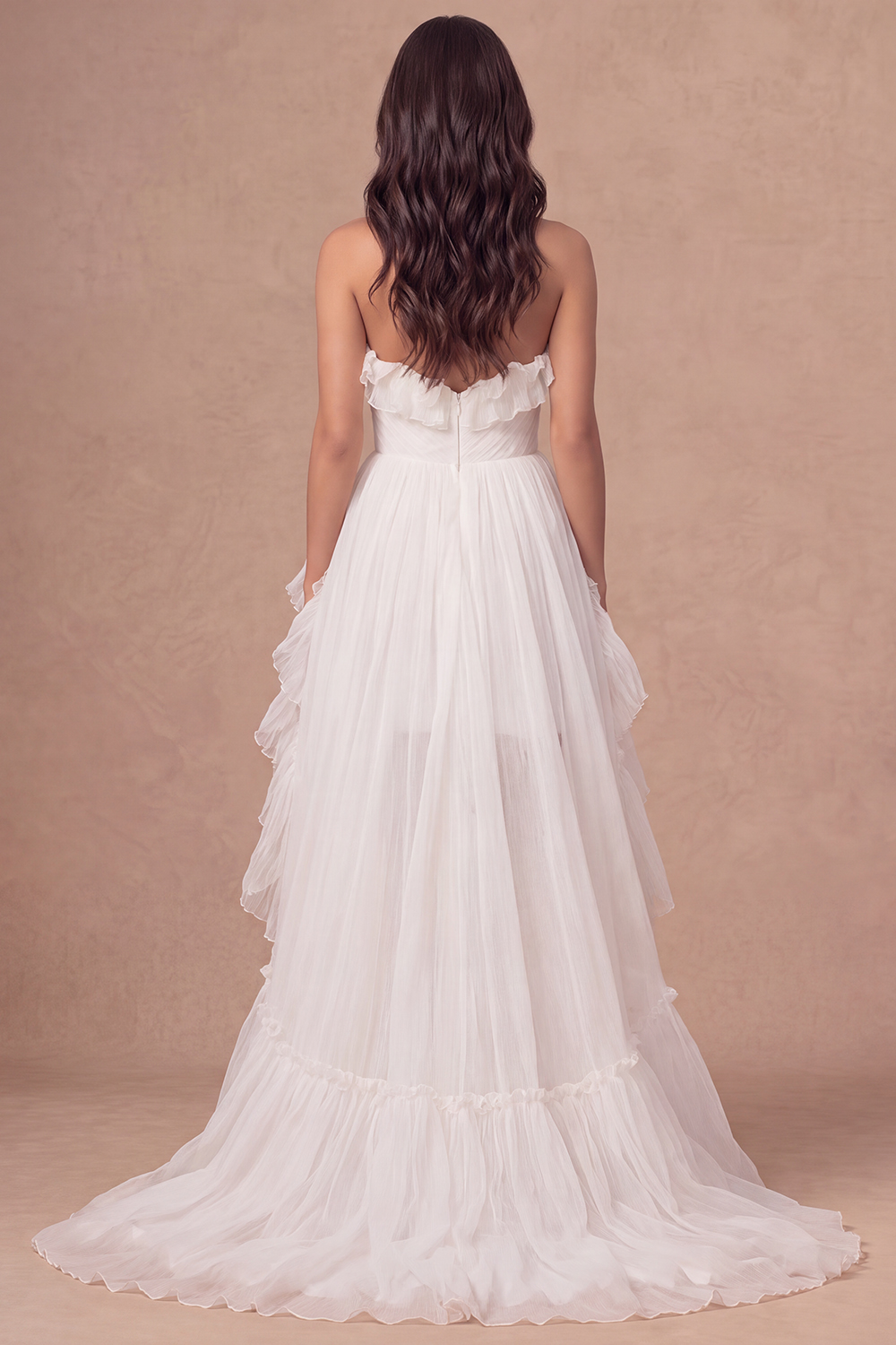 High Low Ruffled Ivory Sweetheart Engagement Dress with Slit