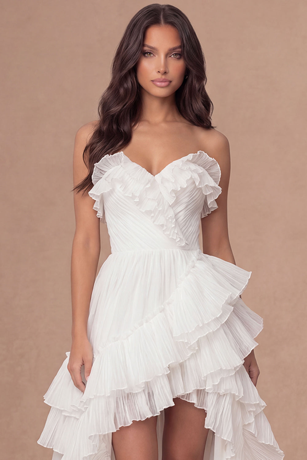 High Low Ruffled Ivory Sweetheart Engagement Dress with Slit